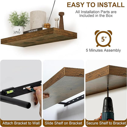 Fun Memories Floating Shelves, 8 Inch Deep Floating Shelves, Rustic Wood Fireplace Mantel 48 in Long, 48 x 8 Floating Wall Shelves for Living Room, Kitchen, Bedroom, Rustic Brown, 1 Pack