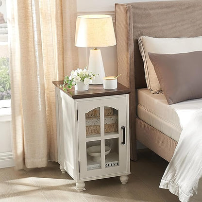 Narrow Side Table Set of 2,White Nightstand with Charging Station,End Table with Glass Barn Door Storage, Cabinet Organizer with Adjustable Shelf, Night Stand for Small Spaces Living Room Bedroom