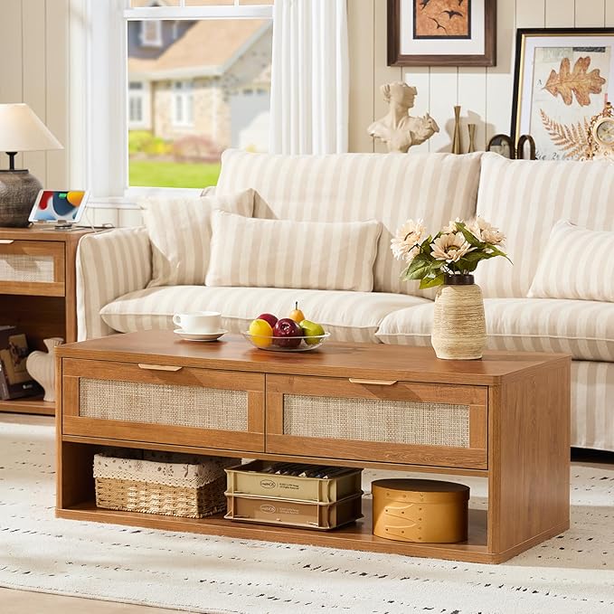 LEYAOYAO Boho Rattan Coffee Table and End Table Sets, 48" Wide Center Tables & 23" Night Stand with 3 Drawers, Brown Wood Coffee Table for Living Room 3 Piece Set