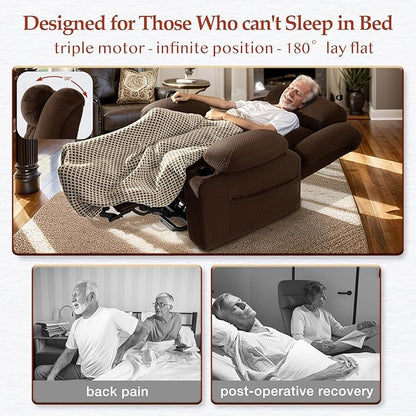 Three Motor Large-Wide Power Lift Chairs Recliners for Big and Tall Elderly, 180° Lay Flat Lift Chair, Infinite Position, Power Headrest, Heat & Vibration Massage (Plush Flannel, Deep Brown)