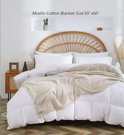 100% Cotton Muslin Throw Blanket for Bed, Couch, Small, Decorative, Soft, Pre-Washed, Breathable and Lightweight Gauze Blanket with Tassels, Suitable for All Seasons, Beige, 50"x60"