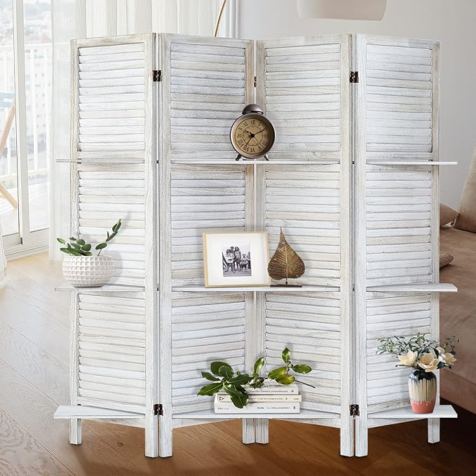 Room Divider with Shelves, Privacy Screen, Room Dividers and Folding Privacy Screens, 4 Panel Wood Temporary Wall Partition Separation Separator, Coconut