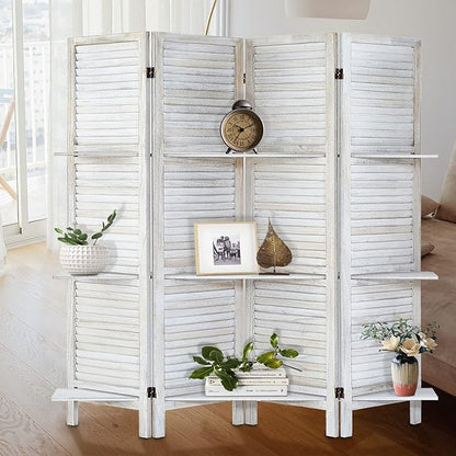Room Divider with Shelves, Privacy Screen, Room Dividers and Folding Privacy Screens, 4 Panel Wood Temporary Wall Partition Separation Separator, Coconut
