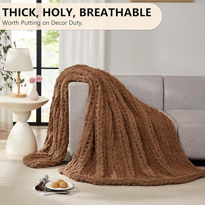 L'AGRATY Chunky Knit Blanket - Soft Chenille Yarn Throw - 60x80: Handmade Thick Cable Knit Crochet Blanket for Couch, Sofa, Bed & Home Decor