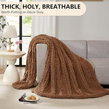 L'AGRATY Chunky Knit Blanket - Soft Chenille Yarn Throw - 60x80: Handmade Thick Cable Knit Crochet Blanket for Couch, Sofa, Bed & Home Decor
