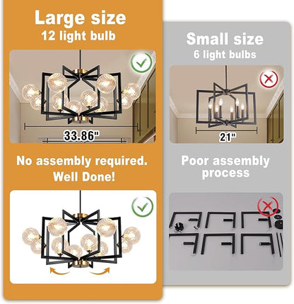 12 Light Black Farmhouse Chandelier Geometric Metal Dining Room Light Fixture Height Adjustable Black Chandeliers for Dining Room Clear Glass Farmhouse Industrial Pendant Lights for Bedroom, Entryway