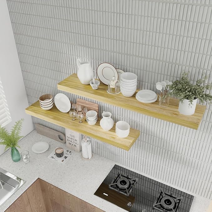 IAE Floating Wall Shelves 55 inch,Bathroom Shelves Wall Mounted,Invisible Shelves Floating Kitchen Shelves,Wooden Wall Shelves with Brackets for Living Room Wall Mounted,Easy Install,Set of 2,Natural