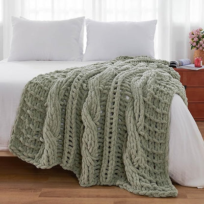Esterra Chunky Knit Blanket Throw 50"x60", 100% Hand Knitted Chenille Throw Blanket, Cozy Soft Thick Cable Knit Throw Large Rope Knot Crochet Throw Blanket for Sofa Couch Bed, Sage Green