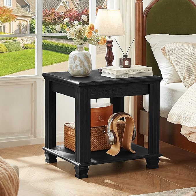 Farmhouse End Table Set of 2,Large Side Table with 2-Tier Storage Shelf,Rustic Wood End Tables for Living Room,Square Tea Table, Black