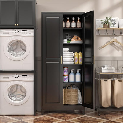 Kitchen Pantry Cabinet,75”Black Metal Storage Cabinets with Doors and 4 Adjustable Shelves,Kitchen Cabinet with 2 Gold Handles,Tall Cabinet for Livingroom, Bathroom