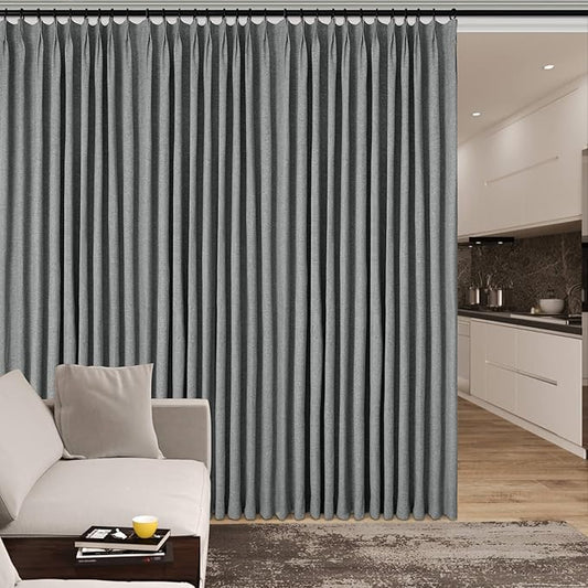 100" W x 84" L Faux Linen Room Divider Curtains, Full Blackout Pinch Pleated Drapes for Traverse Rod, Bedroom Divider Privacy Drapery with Hooks for Ceiling Track, 1 Panel, Mid Grey