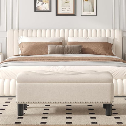 Furniliving 42” Ottoman Bench with Storage, Folding Storage Ottoman Benches with Wood Legs, Upholstered Bedroom Bench with Button-Tufted, Entryway Bench for Bedroom, Linen, Beige