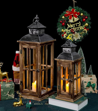 Large Farmhouse Decorative Wooden Lanterns Set of 2, Rustic Burnt Wood Floor Lanterns, Indoor/Outdoor Hurricane Lanterns for Home Decor (No Glass)