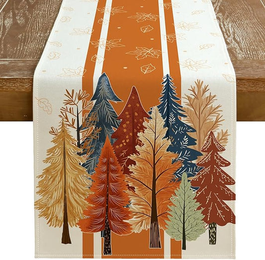 GEEORY Fall Watercolor Trees & Maple Leaves Striped Table Runner 13x108 Inch, Rustic Farmhouse Autumn Thanksgiving Decor for Kitchen, Dining, Indoor/Outdoor Holiday Dinner Party Orange GT157-108