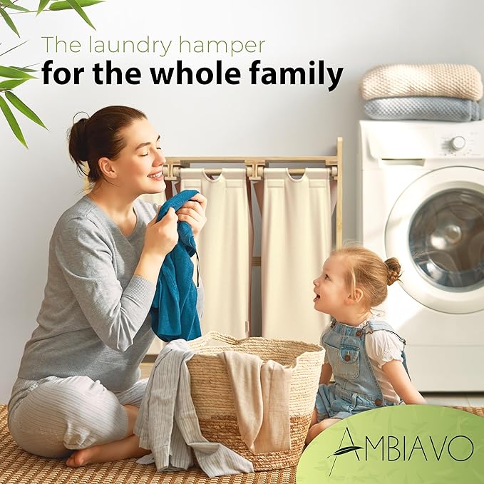 Laundry Hamper 3 Section beige - Large Bamboo Laundry Sorter with Removable Cotton Bags -Three Compartment Organizer for Clothes - Durable, Eco-Friendly, and Stylish Storage Solution for Home