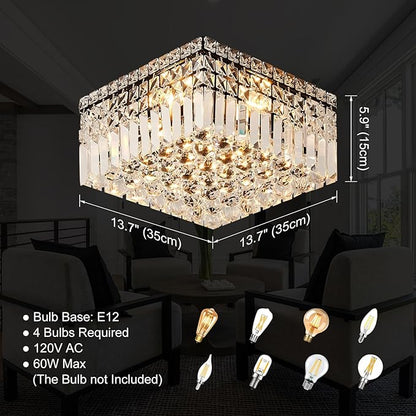 4-Light Black Crystal Chandeliers Flush Mount Chandelier Light Fixture with K9 Crystals Modern Ceiling Lights Elegant Square Lamp for Bedroom,Hallway,Bar,Living Room,Dining Room,H5.9 xW13.7