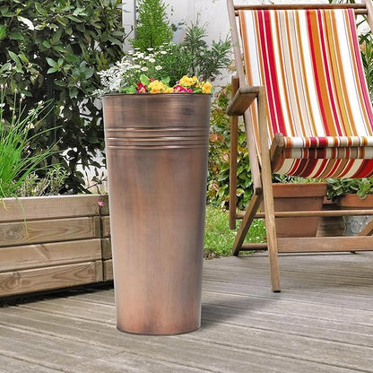 KOL 22''H 2-Pack Planter with Water Level Indicator - Galvanized Steel Pot - Self Watering Planters Flower Pot for Plant - Inner Pot Design - Round Metal Planter Box - Indoor Outdoor Planting - Bronze