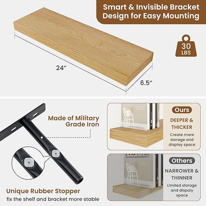 fuqing Floating Shelves for Wall, Bathroom Shelf Wall Mounted for Storage, Shelves with Invisible Bracket for Bedroom, Kitchen, Living Room, Farmhouse Small Book Shelf, 24 Inch Set of 2, Oak