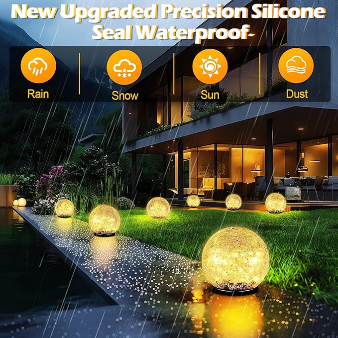 Garden Solar Ball Lights Outdoor Waterproof, 50 LED Cracked Glass Globe Solar Power Ground Lights for Path Yard Patio Lawn, Christmas Decoration Landscape Warm White(2 Pack 4.7'')