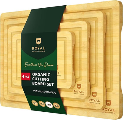 ROYAL CRAFT WOOD Wooden Cutting Boards for Kitchen Meal Prep & Cutting - Bamboo Wood Cutting Board Set with Deep Juice Groove Side Handles - Charcuterie & Chopping Butcher Block for Meat (4 Pcs)