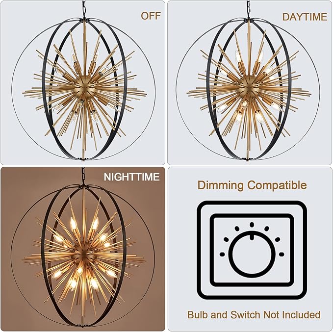 31.5" Black Gold 16-Light Globe Sputnik Chandelier Modern Industrial Adjustable Hanging Ceiling Firework Pendant Light Fixture for Entryway Foyer Stairway Bedroom Dining Living Room Hallway