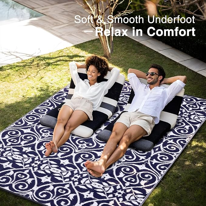 OLANLY Outdoor Rug Waterproof 9x12 ft Clearance, Reversible Outdoor Plastic Straw Rug with Floral Pattern, RV Mat for Patio, Camping, Balcony, Deck, Backyard, Navy & White