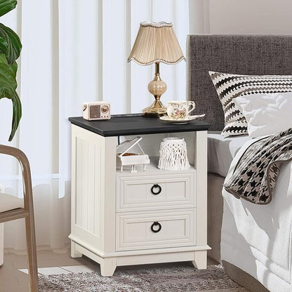 18" Farmhouse Night Stands Set of 2 with Charging Station, 2 Drawers End Table Dresser for Bedroom， Wooden Nightstand, Bed Side Table with Open Shelf, Bedside Cabinet for Living Room（White）