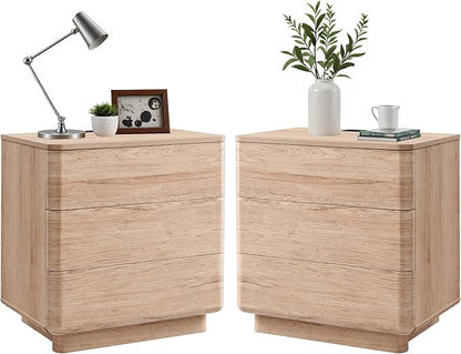 JXQTLINGMU 22" Modern Nightstand Set of 2 with Charging Station, Large Push-to-Open End Table, Wood Bedside Table, Curved Profile, Handleless 3 Drawer Night Stand for Bedroom, Living Room, Natural Oak