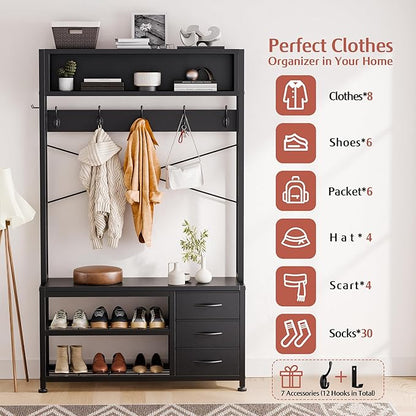Lulive Hall Tree with Bench and Shoe Storage, 31.5" Coat Rack Freestanding with 2-Tier Storage Shelf, 6-in-1 Entryway Bench Coat Rack with 12 Hooks and 3 Drawers(Black)