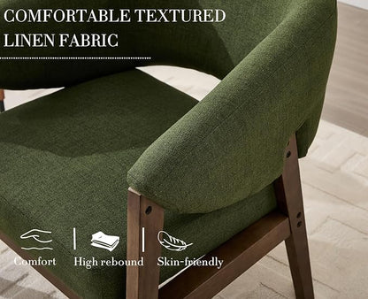 Mid-Century Modern Accent Chairs Set of 2, Comfy Barrel Armchairs with Wide Seat, Upholstered Lounge Chairs with Walnut Wood Legs for Living Room/Bedroom/Reading Corner, Linen Fabric, Deep Green
