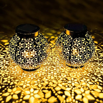 2 Pack Outdoor Solar Lantern Lights, Waterproof Tabletop LED Moroccan Lanterns, Hanging Metal Decorative Garden Lights for Patio, Lawn, Porch, Backyard