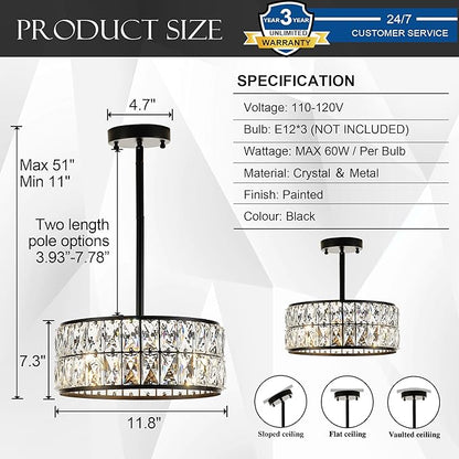 12” 3-Light Modern Crystal Chandeliers Black Dinning Room Light Fixture with Two Poles, Round Pendant Light Kitchen Island Chandelier, Flush Mount Ceiling Light for Living Room Entryway