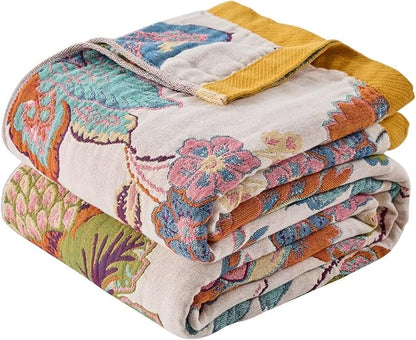 Boho Throw Blanket for Couch,100% Cotton Summer Blanket for Bed, Ultra Soft Rustic Quilt for Bed, Home Decor, Boho Picnic Blankets with Pomegranate for All Seasons 60"x80"