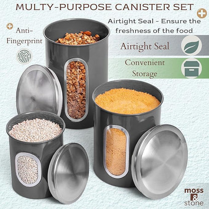 Moss & Stone 3-Piece Gray Canisters Sets For The Kitchen, Airtight Canister Set With See Through Window, Storage Jars for Coffee Container, Tea Organizer & Sugar Canister, Gray Kitchen Canisters