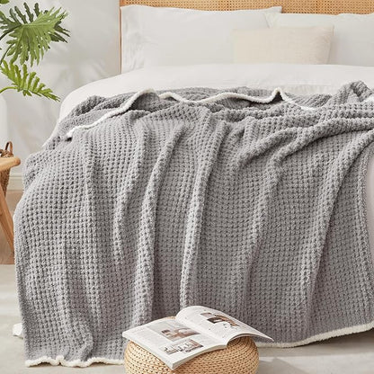 Snuggle Sac Grey Waffle Throw Blanket for Couch Bed Sofa 60x80 inches, Reversible Grey Blanket Microfiber Fluffy Fuzzy Cozy Knit Twin Blanket for Women Mothers Birthday Gifts