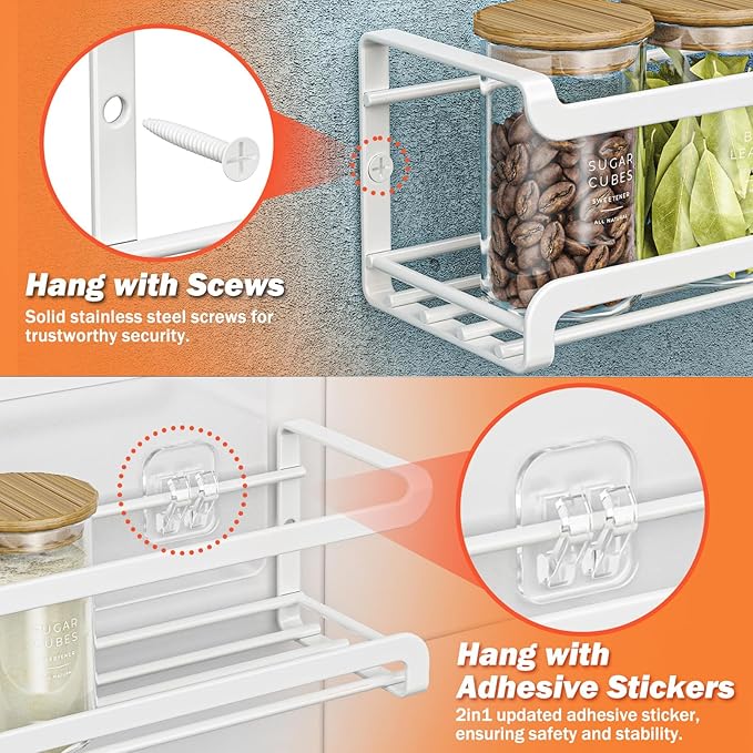 Spice Rack wall mounted 4 Pack, Space-Saving Spice Organizer for Spice Jars and Seasonings,Screw or Adhesive Hanging Spice Rack Organizer for Your Kitchen Cabinet,or Pantry Door,White