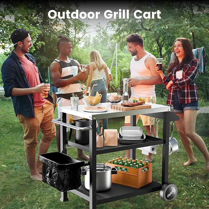 NUUK 3-Shelf Grill Cart with Stainless Steel Top – 20" x 32" Mobile Outdoor Kitchen Table for Pizza Oven, Food Prep, and Dining – Worktable with Wheels,