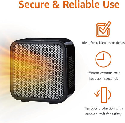Amazon Basics Ceramic Space Heater, Mini Heater for Office Desk, Portable Tent Heater for Camping (Indoor Use), 500 W, With Tip-Over Protection, Lightweight (1.4 LBS), Black, 5.87”D x 3.15”W x 5.95”H