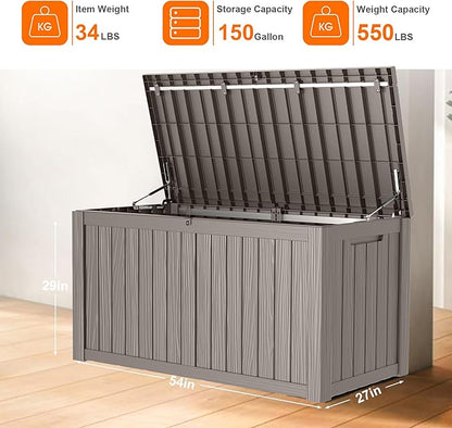 150 Gallon Resin Deck Box, Lockable Patio Outdoor Storage Box for Furniture, Garden Tools and Tools Storage, Waterproof Outside Storage Boxes - Grey