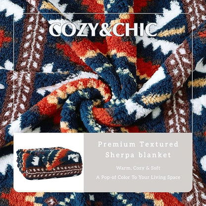 CASAAGUSTO Boho Sherpa Throw Blanket, Aztec King Size Blanket, Ultra Soft, Warm, Cozy, Plush, Thick Fleece Bohemian Throw Blanket for Couch, Bed, Sofa (Navy 108 * 90 Inch)