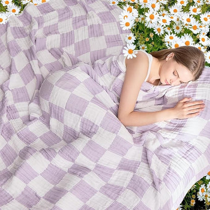 EMME Checkered Throw Blanket Cotton for Couch Soft Muslin Blankets 50"x60" Lightweight Breathable Cooling Soft All Season Gauze, Lavender