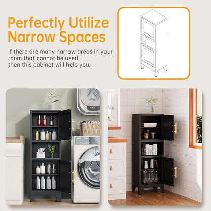 47.24" H Metal Narrow Bathroom Storage Cabinet Pantry Storage Cabinet, 2 Adjustable Shelves for Kitchen, Home Office, Living Room, Dinning Room (Black)