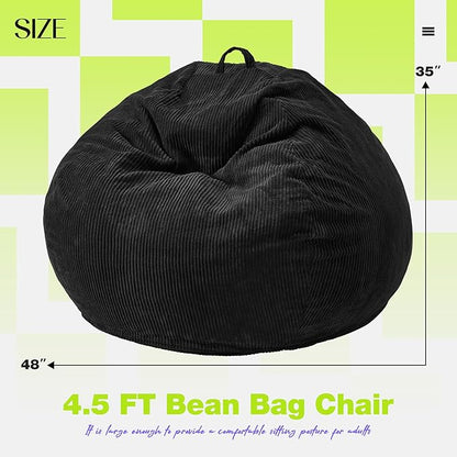 Hobestluk 4.5FT Bean Bag Chair Giant Bean Bag Chair with Filler Included Adult Bean Bag Chairs with Removable Cover for Bedroom Living Room - (Jumbo, Black)