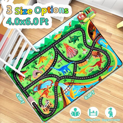 Kids Rug, Car Carpet for Kids' Toy Cars, 4x6 Ft Dinosaur Rug, Dino Safari Road Mat for Playroom, Educational Learning & Game Area Baby Play Mat Carpet for Children
