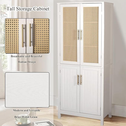 MISHAO 71" Kitchen Pantry Storage Cabinet, Tall Storage Cabinet with Rattan Doors & Adjustable Shelves, Freestanding Cupboard Wood Pantry for Kitchen, Living Room, Dining Room Hallway, White