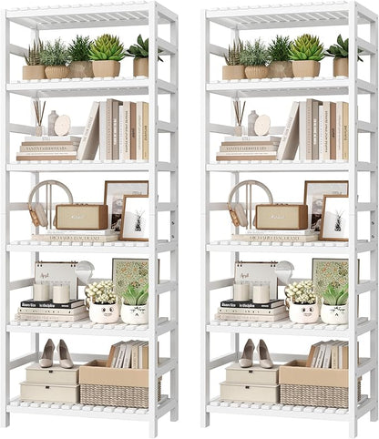 FOTOSOK 6-Tier Bamboo Shelf Set of 2, Bamboo Bookcase with Adjustable Shelves, Free Standing Storage Shelf Unit Plant Flower Stand, Tall Large White Bookshelf for Kitchen, Bathroom, Home Office, White