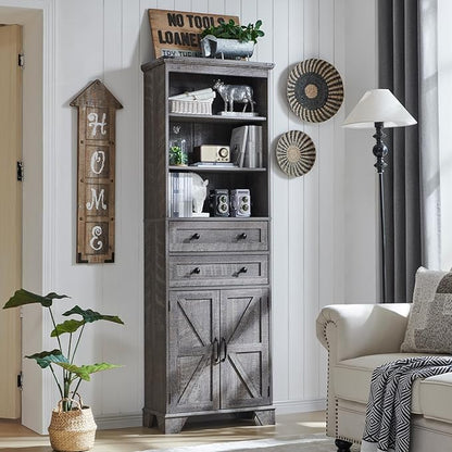 Bathroom Storage Cabinet, 72" Tall Farmhouse Storage Cabinet with 2 Drawers, Adjustable Shelves & Barn Door, Cabinet for Bathroom, Living Room, Kitchen, Grey Wash