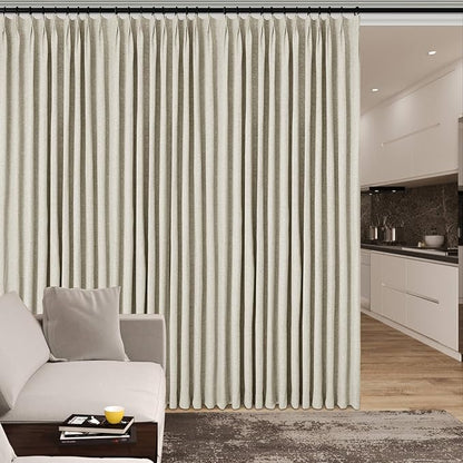 Extra Wide 100% Blackout Linen Textured Curtains - Room Dividers, W200 x L84 (1 Panel), Pinch Pleat Drapes for Living Room, Full Light Block Out Drapery for Sliding Door, Ivory White