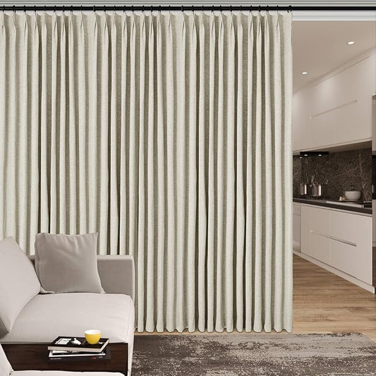 Ivory White Pinch Pleat 100% Blackout Drapes Linen Blend, Room Divider, Room Darkening, Energy Saving, Furniture Protecting, Light Blocking Extra Wide Privacy Curtains, 240Wx84L, 1 PC