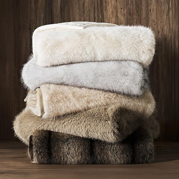 Luxury Faux Fur Throw Blanket, Soft Fluffy Faux Mink Blankets for Bed, Couch, Sofa, Thick Cozy Plush Warm Fur Throws with Reversible Velvet, Natural Mink, 60"x80"